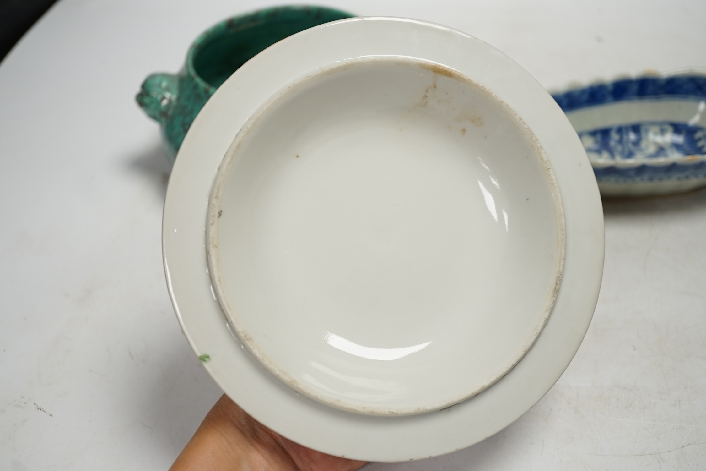 A Chinese robin’s egg glazed censer, a blue and white sauce boat and two famille rose items, largest 17cm diameter. Condition - fair to good